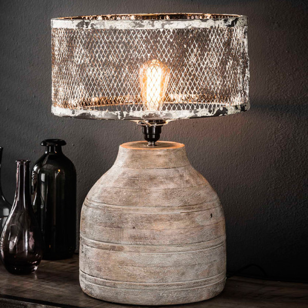 Tafellamp van metaalgaas en hout