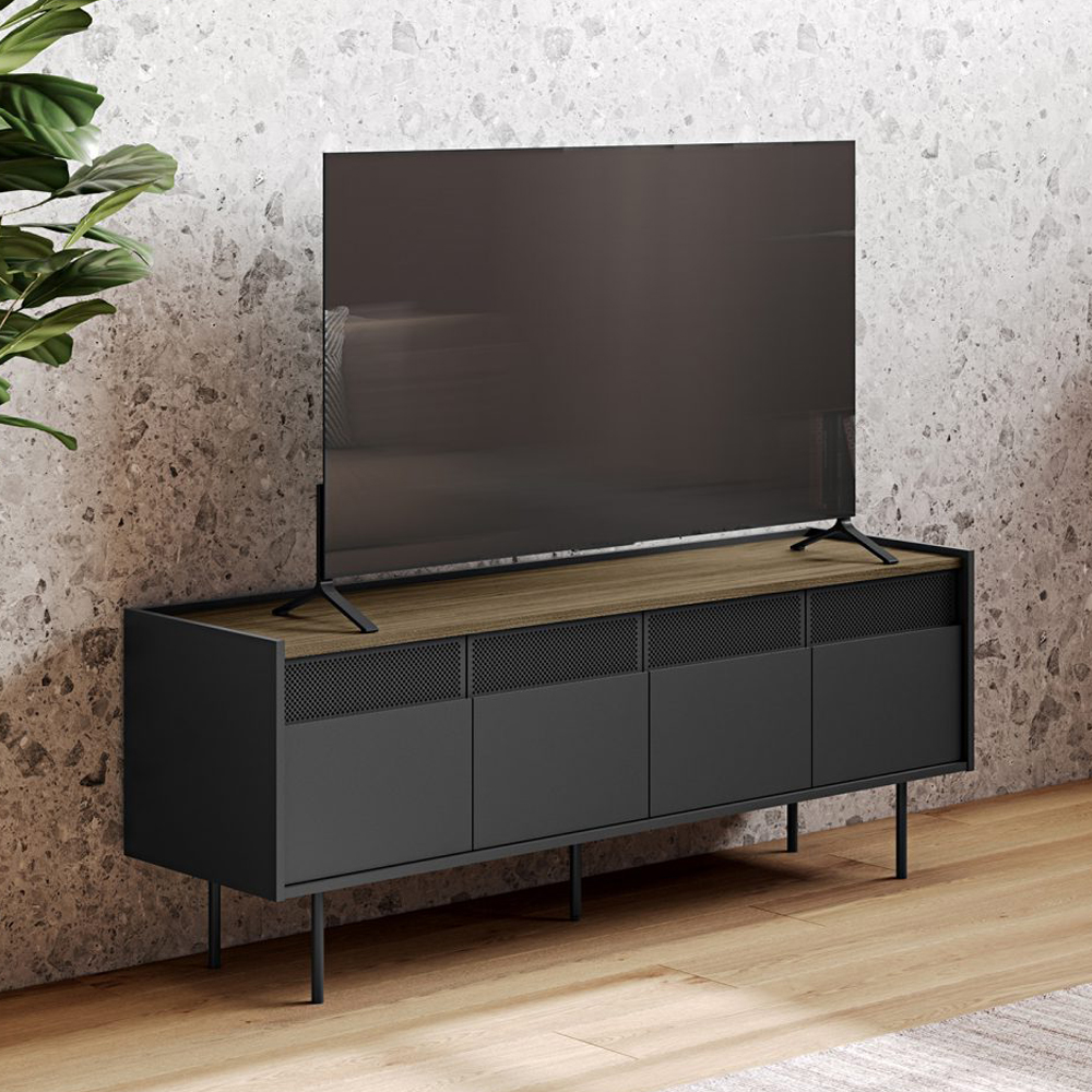Zwart tv-meubel met houten blad