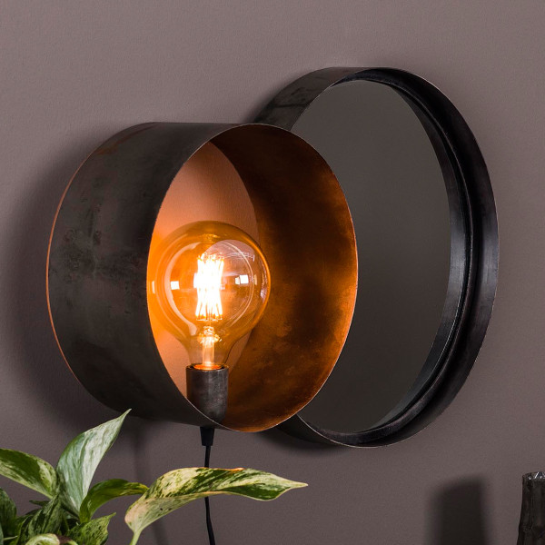 Wandlamp met ronde spiegel industrieel