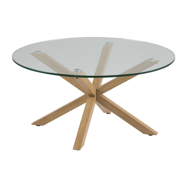 Glazen salontafel met hout look onderstel