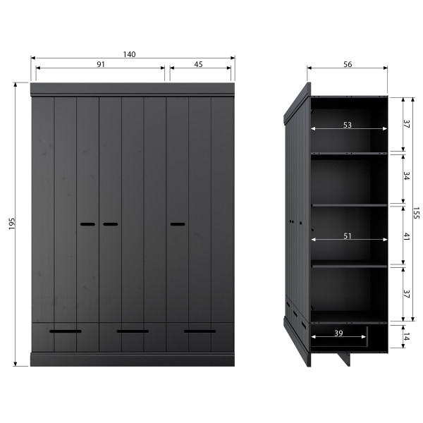 Geavanceerde Maak een bed Labe Woood Connect | Zwarte kledingkast 3-deurs met lades | LUMZ